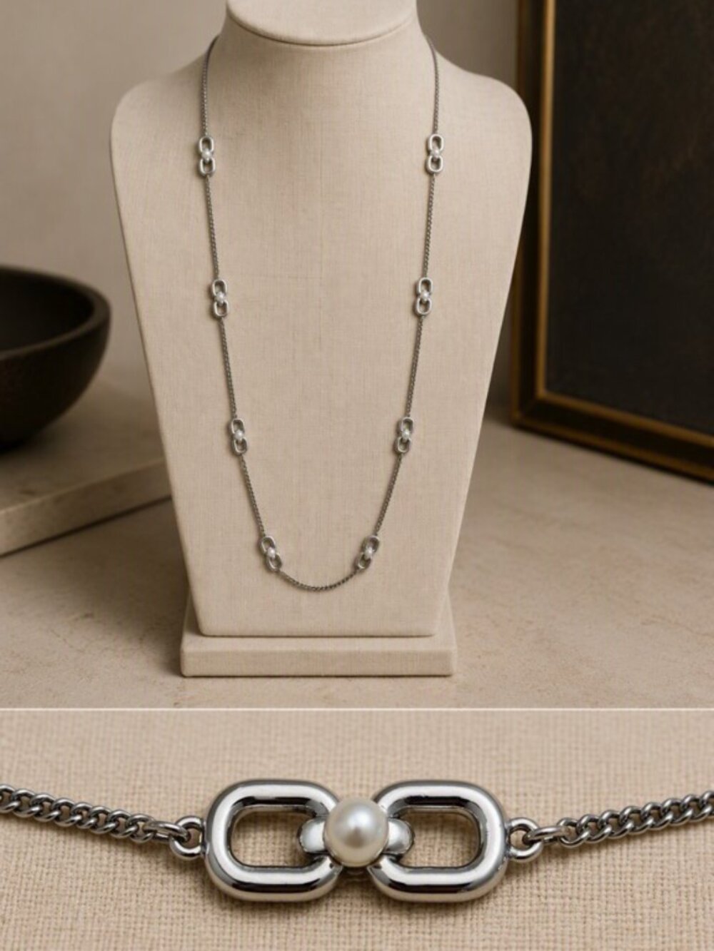 Ann Taylor Long Silver-tone Necklace Oval Links and Pearl Motif
